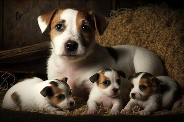  Jack Russell Terrier With 3 Puppies Lying On The Floor. Generative AI