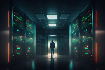 engeneer in datacenter server room, generative ai
