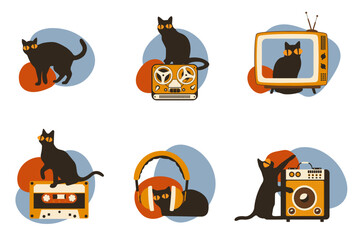 Set vector silhouettes of the cat with retro media icon, different poses on white background, Cute and funny vector. © Udomdech