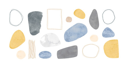 Abstract colorful watercolor painting shape set. Modern minimalist acrylic paint artwork collection. Handmade geometric shapes drawing bundle, creative brush texture.	