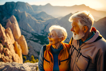 Elderly happy smiling couple of hikers climbers on the top of the mountain admire the highlands landscape around. Generative AI