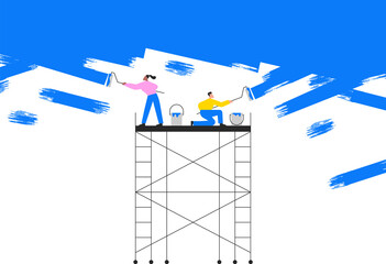 Flat cartoon people painting wall together. Modern style illustration of man and woman painters with paint roller for under construction concept or web design.