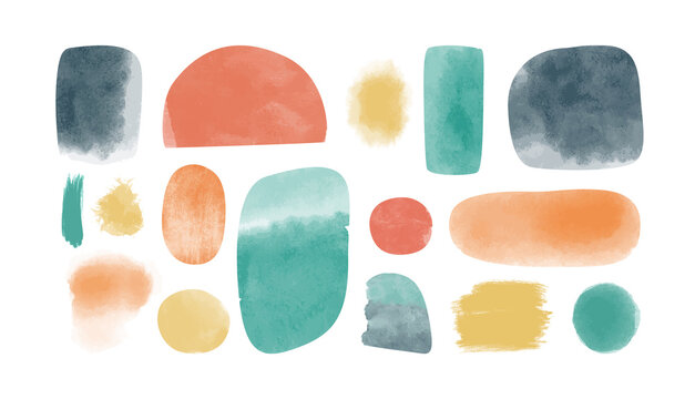 Fototapeta Abstract colorful watercolor painting shape set. Modern minimalist acrylic paint artwork collection. Handmade geometric shapes drawing bundle, creative  texture.