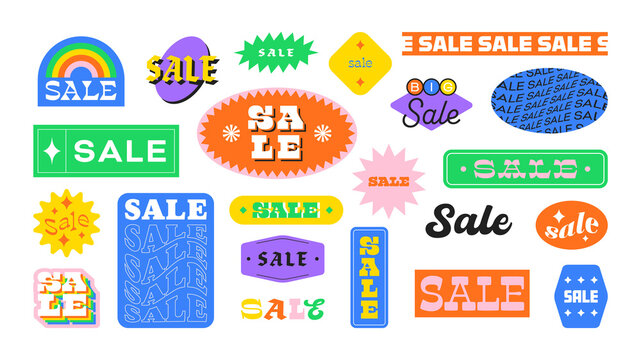 Vintage business sale sticker collection. Set of trendy retro 90s cartoon label for store discount, online promotion or social media post. Fun y2k style graphic element bundle.	