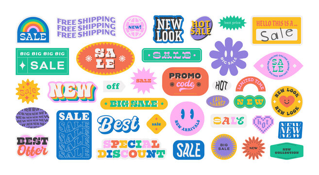 Naklejki Colorful business sale sticker collection. Set of trendy retro 90s cartoon label for store discount, online promotion or social media post. Fun y2k style graphic element bundle. 