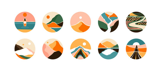 Set of abstract mountain landscape circle icon collection. Trendy flat collage art style dots of diverse travel scenery for social media story highlight. Nature environment biomes, multicolor hills.	 - obrazy, fototapety, plakaty