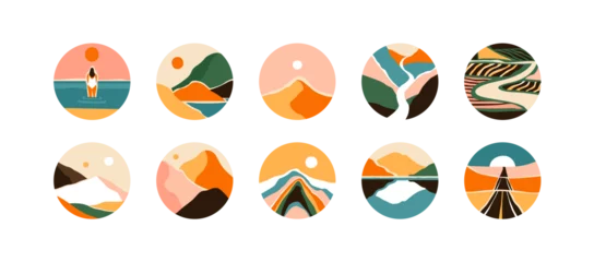 Rolgordijnen Set of abstract mountain landscape circle icon collection. Trendy flat collage art style dots of diverse travel scenery for social media story highlight. Nature environment biomes, multicolor hills.  © Dedraw Studio
