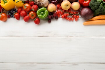 Colorful Fruits and Vegetables on White Wooden Background - Generative ai