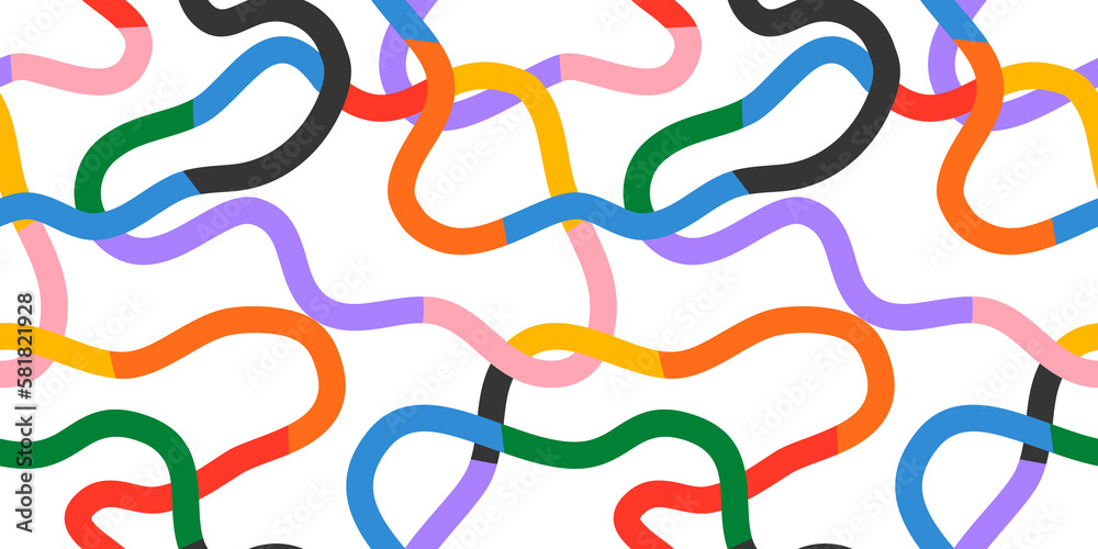Poster Fun colorful line doodle seamless pattern. Creative minimalist style art background for children or trendy design with basic shapes. Simple childish scribble backdrop.