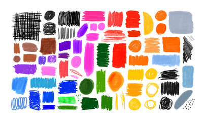 Colorful hand drawn doodle shape set on isolated white background. Random childish pencil color shapes and scribble bundle.	 - obrazy, fototapety, plakaty