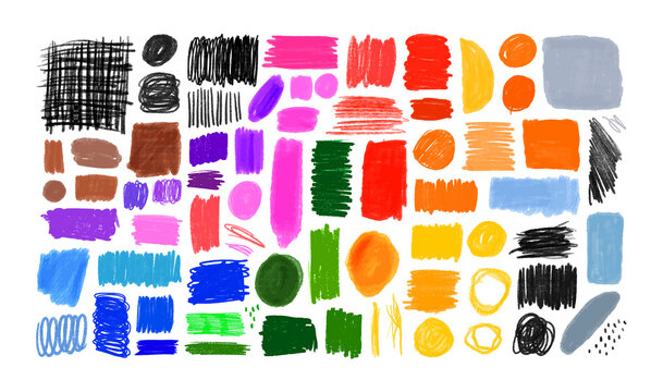 Colorful Hand Drawn Doodle Shape Set On Isolated White Background. Random Childish Pencil Color Shapes And Scribble Bundle.	