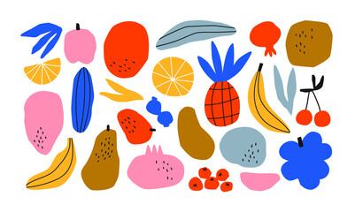 Funny hand drawn fruit food set. Colorful freehand fruits collection. Illustration of pineapple, banana, grape and more tropical summer foods on isolated background.	