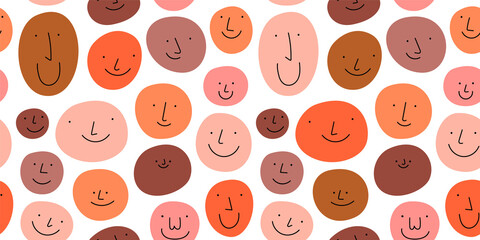 Diverse people crowd seamless pattern illustration. Multi ethnic cartoon character faces in funny children doodle style. Friendly community or diversity background concept.	
