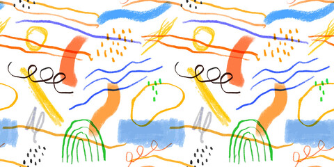 Fototapeta premium Colorful children pencil doodle seamless pattern illustration. Childish freehand scribble and hand drawn crayon shapes background. 