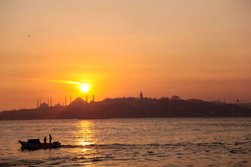 Fototapeta na wymiar Sunset Colors in the Maidens Tower Drone Photo, Uskudar Istanbul , Turkiye 