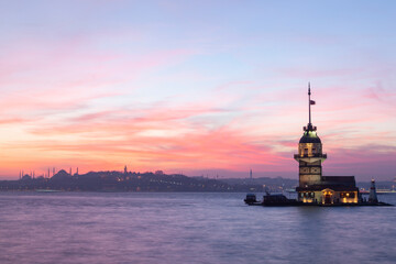 Naklejka premium Sunset Colors in the Maidens Tower Drone Photo, Uskudar Istanbul , Turkiye 