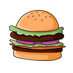 a delicious burger, with a thick patty, lettuce, onions, a slice of cheese, and everything else was really fun to eat