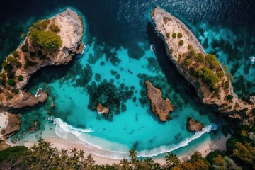 Naklejka na ściany i meble From above, the coast serves as the background. a background of turquoise water seen from above. aerial view of the sea in summer. Indonesian island of Nusa Penida. image of travel. Generative AI