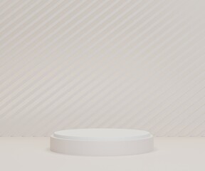 Abstract realistic 3D white and grey cylinder pedestal podium with oblique rectangle background. Pastel grey minimal scene for product display presentation. 3D rendering platform design.