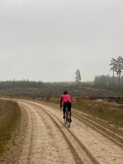 Obraz premium Back view of cyclist riding on road