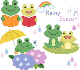 Naklejka premium 梅雨・紫陽花 可愛いカエルのイラスト素材セット