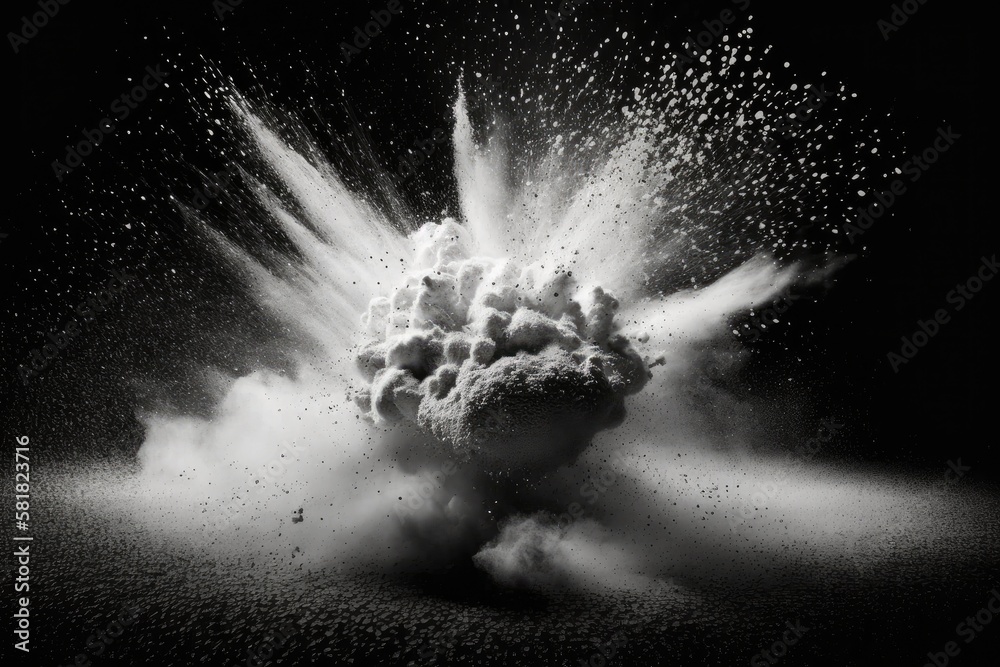 Poster White dust explosion on a black background. Generative AI