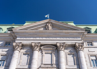 Fototapeta premium Detail of the entrance and name of BNA national bank of Argentina in Plaza de Mayo Buenos Aires