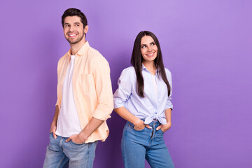 Fototapeta premium Photo of smiling positive couple wife with husband office workers like new life insurance advert look mockup isolated on violet color background