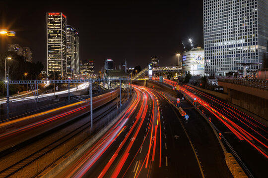 View of Ayalon highway in Tel Aviv, Israel. Colorful trails of light