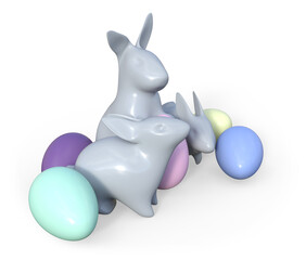 Grey Ceramic Easter Bunny With Colorful Pastel Eggs Illustration - 3D Rendering