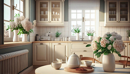 kitchen interior design. creamy color. by generative ai