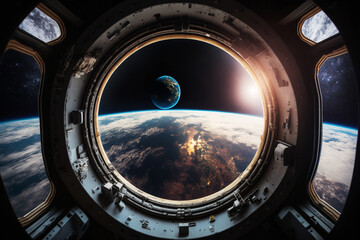Dark spaceship interior with window view of space and planets. Ai generated. - obrazy, fototapety, plakaty