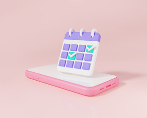 Mobile phone with application calendar on pink background. Reminder calendar, online reminder notification, appointment, important deadline date, event, planning. 3d icon rendering illustration