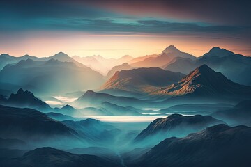 Sunrise Over Misty Mountain Sky with Generative Landscape: Generative AI