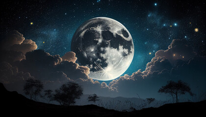 The moon in the sky with stars,   starry night sky with a full moon shining brightly, Generative AI
