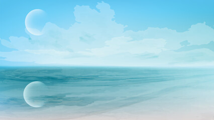 Fototapeta na wymiar Turquoise sea background. Nature landscape, vector art. Watercolor textured illustration. 