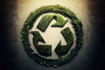 Recycling symbol made of grass. background with green grunge. Concept of processing, reducing, and recycling. Generative AI
