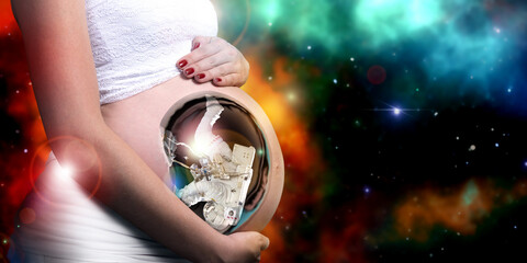 An astronaut inside the womb. Genius smart baby conceptual theme.
