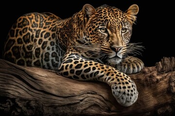 Ceylon leopard curled up on a log and gazing forward. Generative AI