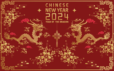 Happy chinese new year 2024 year of the chinese dragon zodiac with on color Background. ( Translation : happy new year, chinese dragon )