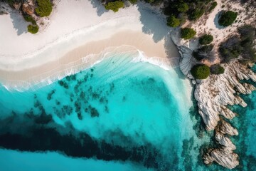 Aerial top down view of a spotless white sand beach on the edge of a stunning turquoise sea. Greece. Generative AI