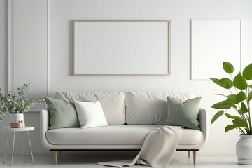 Blank horizontal poster frame mock up in minimal white style living room interior, modern living room interior background, Ai generative.	