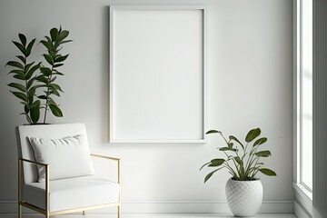 Blank horizontal poster frame mock up in minimal white style living room interior, modern living room interior background, Ai generative.	