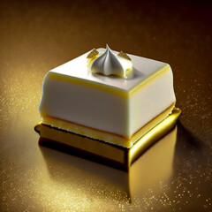A slice of white dessert with luxury presentation on gold background. Generative AI