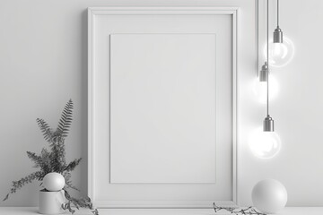 Blank horizontal poster frame mock up in minimal white style living room interior, modern living room interior background, Ai generative.	