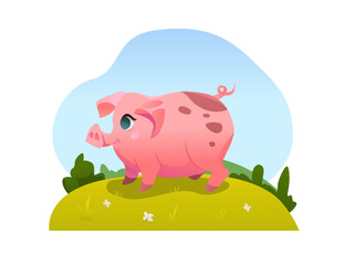 Children’s cute animals. Pig Grazing in the Meadow. Farm Animal. Vector Illustration in Cartoon Style.