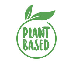 Plant based label. Text inside a circle with leaves around. Vegan friendly badge.
