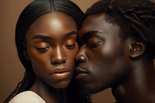 Generative AI image of loving African American couple kissing with closed eyes against brown background