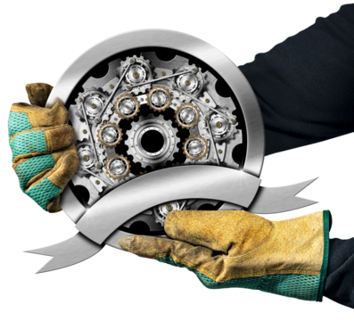 Hands with protective work gloves holding a round metal icon or symbol with many gears (cogwheels of cogs), isolated on white or transparent background with copy space. Png.