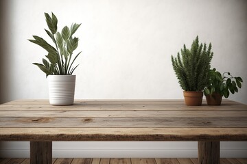 Wood Table and small plant in the foreground in the minimal interior room, AI Generative